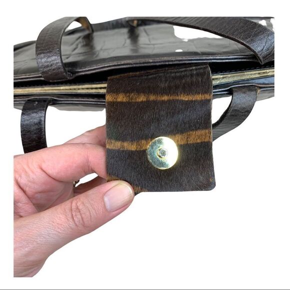 Falor Deep Brown Crocodile Embossed Leather Shoulder Bag Purse Calf Hair Strap - Picture 4 of 13